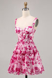 Floral Fuchsia Corset Printed A Line Short Prom Dress