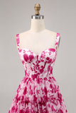Floral Fuchsia Corset Printed A Line Short Prom Dress
