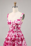 Floral Fuchsia Corset Printed A Line Short Prom Dress
