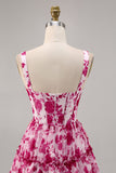 Floral Fuchsia Corset Printed A Line Short Prom Dress