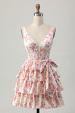 Pink Floral V-Neck A Line Tiered Short Prom Dress with Bow