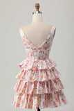Pink Floral V-Neck A Line Tiered Short Prom Dress with Bow