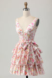 Pink Floral V-Neck A Line Tiered Short Prom Dress with Bow