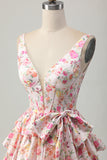 Pink Floral V-Neck A Line Tiered Short Prom Dress with Bow