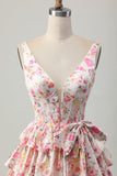 Pink Floral V-Neck A Line Tiered Short Prom Dress with Bow