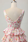 Pink Floral V-Neck A Line Tiered Short Prom Dress with Bow
