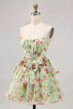 Floral Green Strapless A Line Corset Short Prom Dress