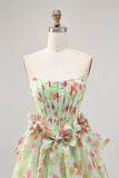 Floral Green Strapless A Line Corset Short Prom Dress
