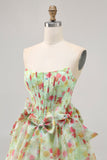 Floral Green Strapless A Line Corset Short Prom Dress