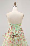 Floral Green Strapless A Line Corset Short Prom Dress