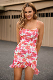 Red Floral Bodycon Spaghetti Straps Printed Mini Cocktail Dress