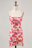 Red Floral Bodycon Spaghetti Straps Printed Mini Cocktail Dress