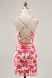 Red Floral Bodycon Spaghetti Straps Printed Mini Cocktail Dress