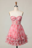 Floral Red Strapless Printed Ruffled A Line Short Prom Dress