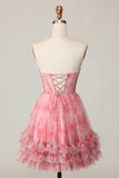 Floral Red Strapless Printed Ruffled A Line Short Prom Dress