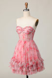 Floral Red Strapless Printed Ruffled A Line Short Prom Dress