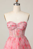 Floral Red Strapless Printed Ruffled A Line Short Prom Dress