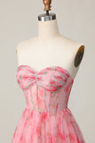 Floral Red Strapless Printed Ruffled A Line Short Prom Dress