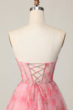 Floral Red Strapless Printed Ruffled A Line Short Prom Dress