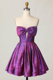 Metallic Corset Dark Purple Strapless A Line Short Prom Dress