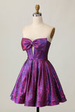 Metallic Corset Dark Purple Strapless A Line Short Prom Dress