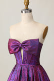 Metallic Corset Dark Purple Strapless A Line Short Prom Dress