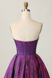Metallic Corset Dark Purple Strapless A Line Short Prom Dress
