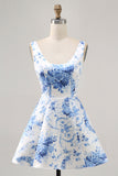 Printed White Blue Flower A Line Mini Cocktail Dress