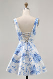 Printed White Blue Flower A Line Mini Cocktail Dress