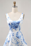 Printed White Blue Flower A Line Mini Cocktail Dress