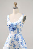 Printed White Blue Flower A Line Mini Cocktail Dress