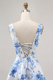 Printed White Blue Flower A Line Mini Cocktail Dress