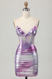 Silver Purple Bodycon Ruffled V Neck Cocktail Dress