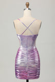 Silver Purple Bodycon Ruffled V Neck Cocktail Dress