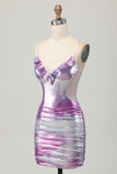 Silver Purple Bodycon Ruffled V Neck Cocktail Dress