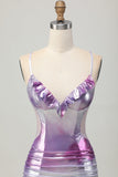 Silver Purple Bodycon Ruffled V Neck Cocktail Dress