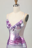Silver Purple Bodycon Ruffled V Neck Cocktail Dress