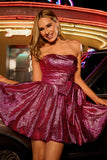 Metallic Dark Purple A-Line Strapless Cocktail Dress with Bow
