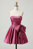 Dark Purple Strapless Ruched A Line Short Prom Dress with Bow