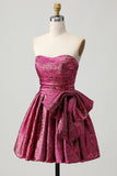 Dark Purple Strapless Ruched A Line Short Prom Dress with Bow