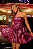 Metallic Dark Purple A-Line Strapless Cocktail Dress with Bow