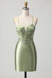 Sage Green Bodycon Corset Sequins Short Prom Dress with Lace Up Back