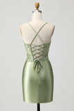 Sage Green Bodycon Corset Sequins Short Prom Dress with Lace Up Back