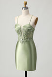 Sage Green Bodycon Corset Sequins Short Prom Dress with Lace Up Back
