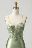 Sage Green Bodycon Corset Sequins Short Prom Dress with Lace Up Back