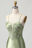 Sage Green Bodycon Corset Sequins Short Prom Dress with Lace Up Back
