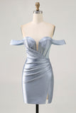 Corset Dusty Blue Bodycon Off The Shoulder Cocktail Dress