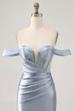 Corset Dusty Blue Bodycon Off The Shoulder Cocktail Dress