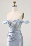 Corset Dusty Blue Bodycon Off The Shoulder Cocktail Dress