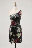 Black Flower Bodycon Sequin One Shoulder Cocktail Dress